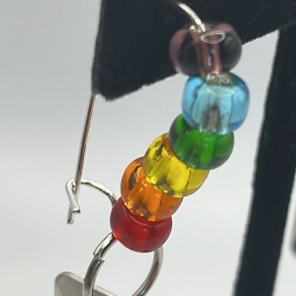 Silver-tone Dangling Rainbow Beaded Floral Charm Earrings- NEW - Picture 4 of 11